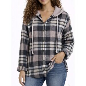 American Eagle Plaid Flannel Shirt Jacket Womens L Sherpa Hood Shacket Layering